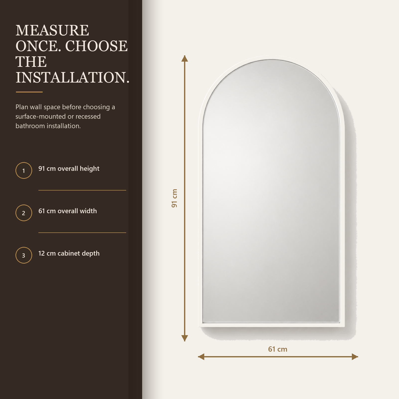 91x61x12 cm White Arched Bathroom Mirror Medicine Cabinet, Recessed or Wall-Mounted, Metal Framed Bathroom Storage with Adjustable Shelves