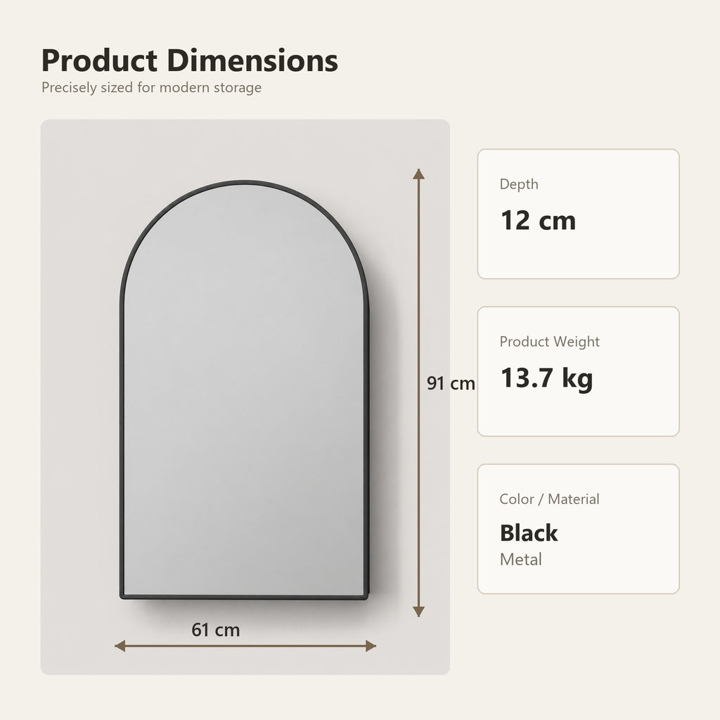 91x61x12 cm Black Arched Bathroom Mirror Medicine Cabinet, Recessed or Wall-Mounted, Metal Framed Bathroom Storage with Adjustable Shelves