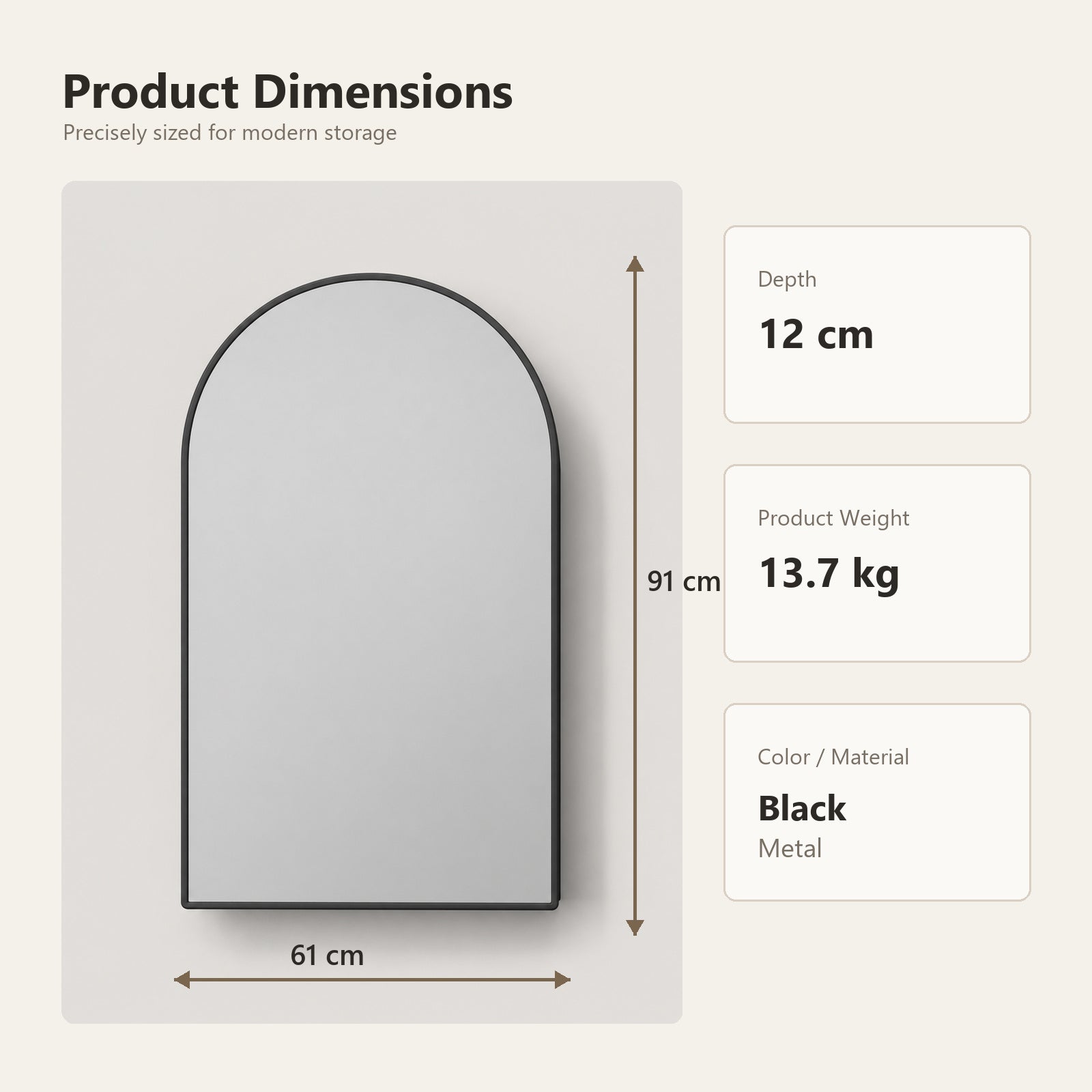 91x61x12 cm Black Arched Bathroom Mirror Medicine Cabinet, Recessed or Wall-Mounted, Metal Framed Bathroom Storage with Adjustable Shelves