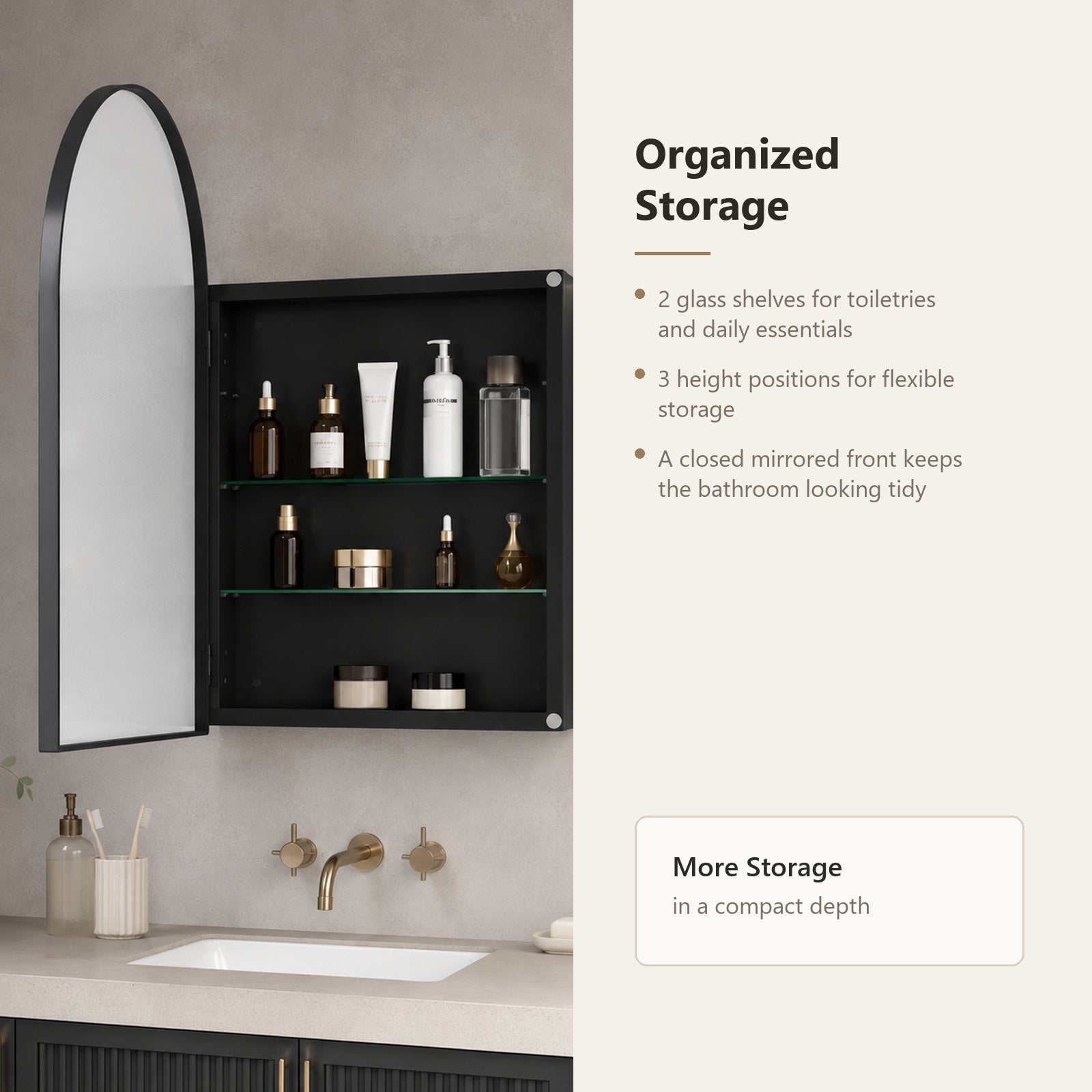 91x61x12 cm Black Arched Bathroom Mirror Medicine Cabinet, Recessed or Wall-Mounted, Metal Framed Bathroom Storage with Adjustable Shelves