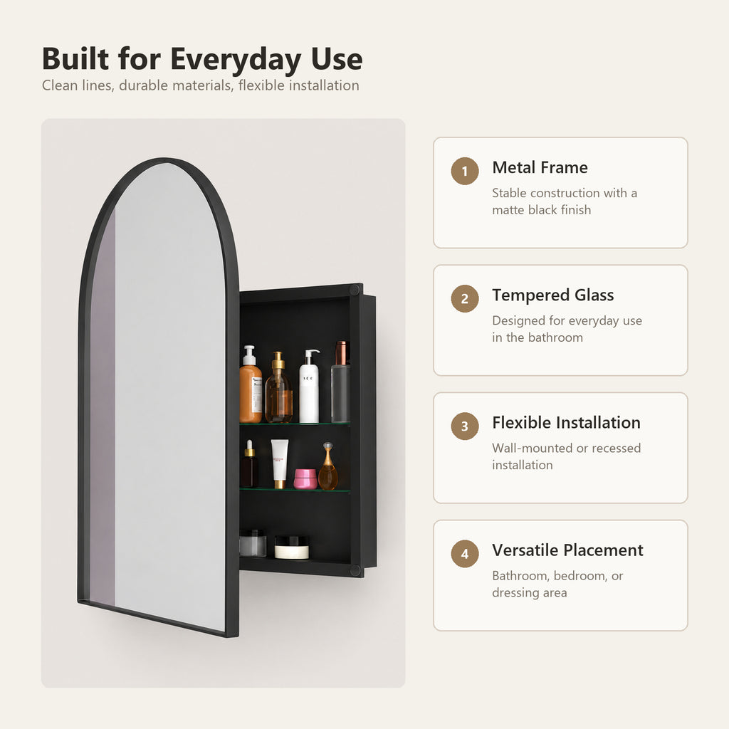91x61x12 cm Black Arched Bathroom Mirror Medicine Cabinet, Recessed or Wall-Mounted, Metal Framed Bathroom Storage with Adjustable Shelves