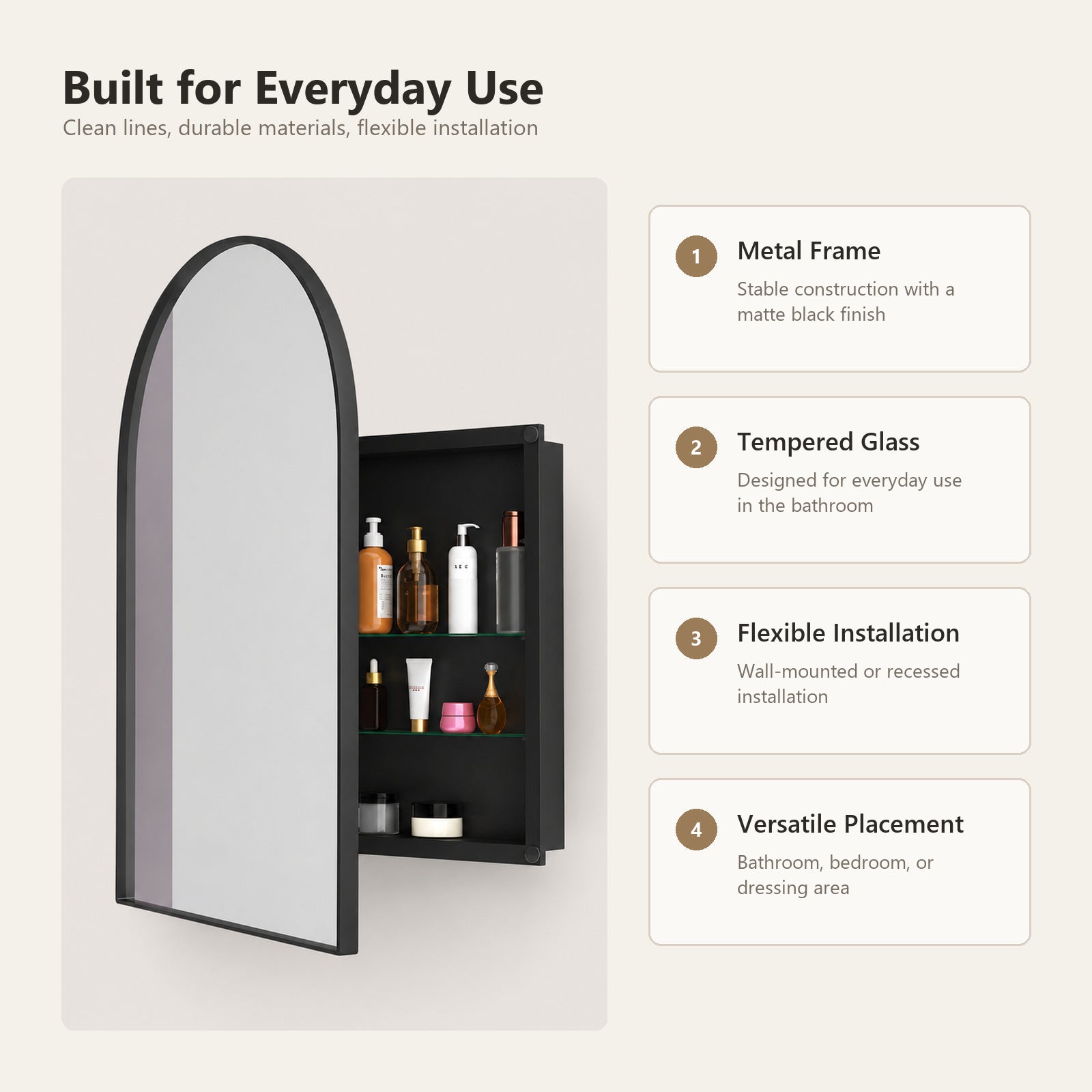 91x61x12 cm Black Arched Bathroom Mirror Medicine Cabinet, Recessed or Wall-Mounted, Metal Framed Bathroom Storage with Adjustable Shelves
