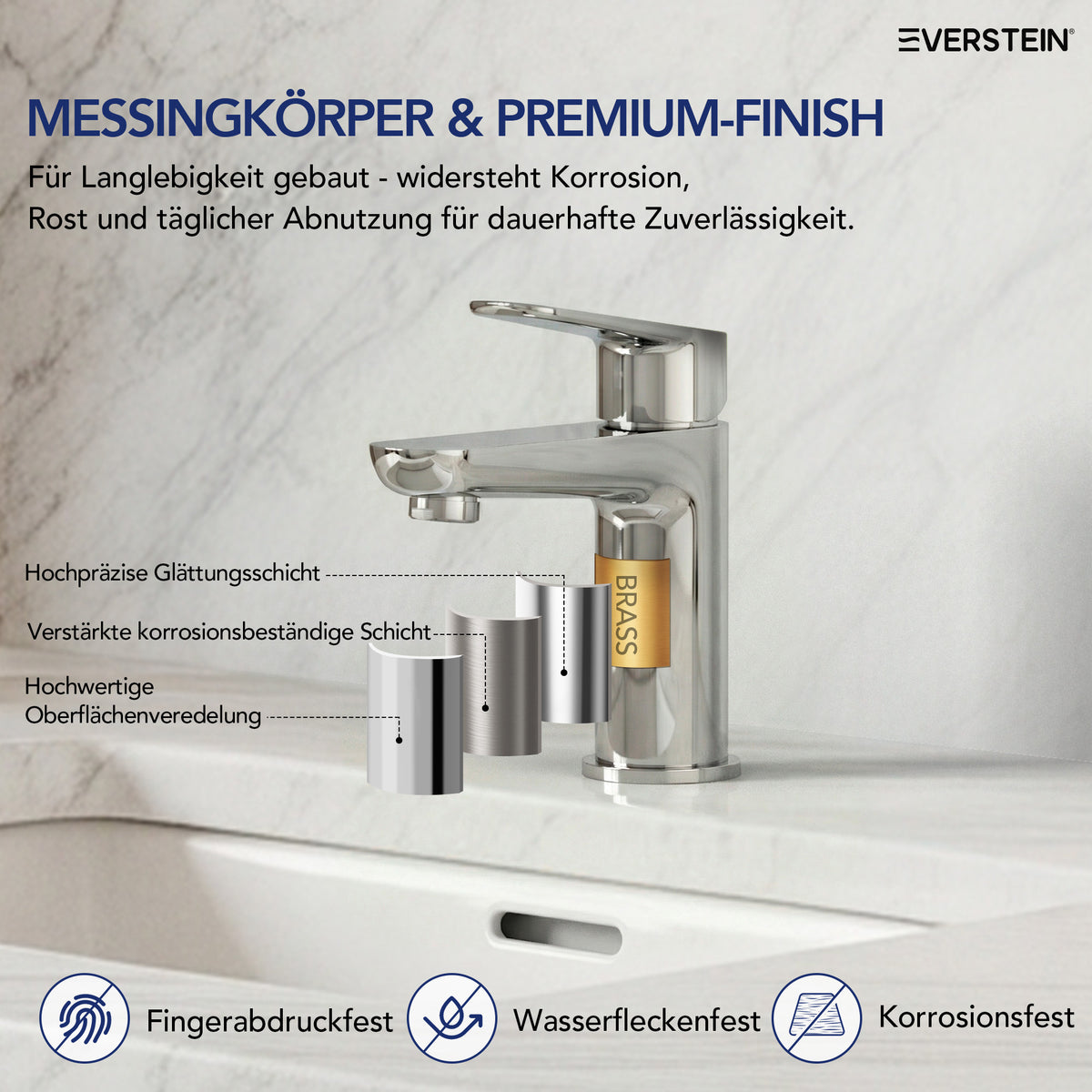 EVERSTEIN Wasserhahn Bad Waschtischarmatur: Pop-up, Messing, Ablauf (SFS-1274)