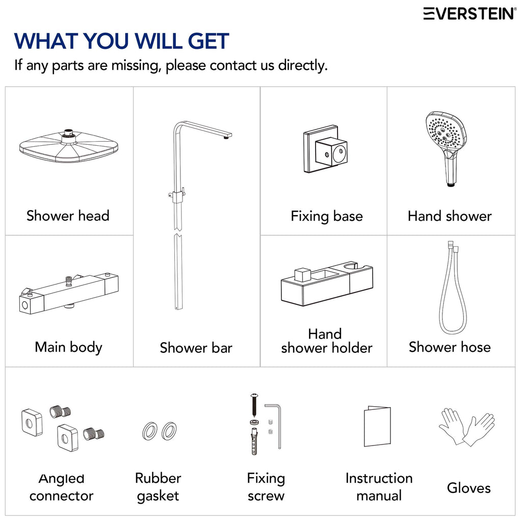 EVERSTEIN Thermostatic Shower Column with Shower Head – Complete Set