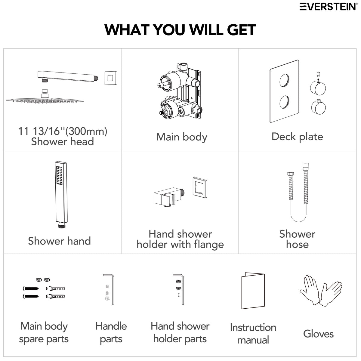 EVERSTEIN Thermostatic Recessed Shower System with Square Showerhead