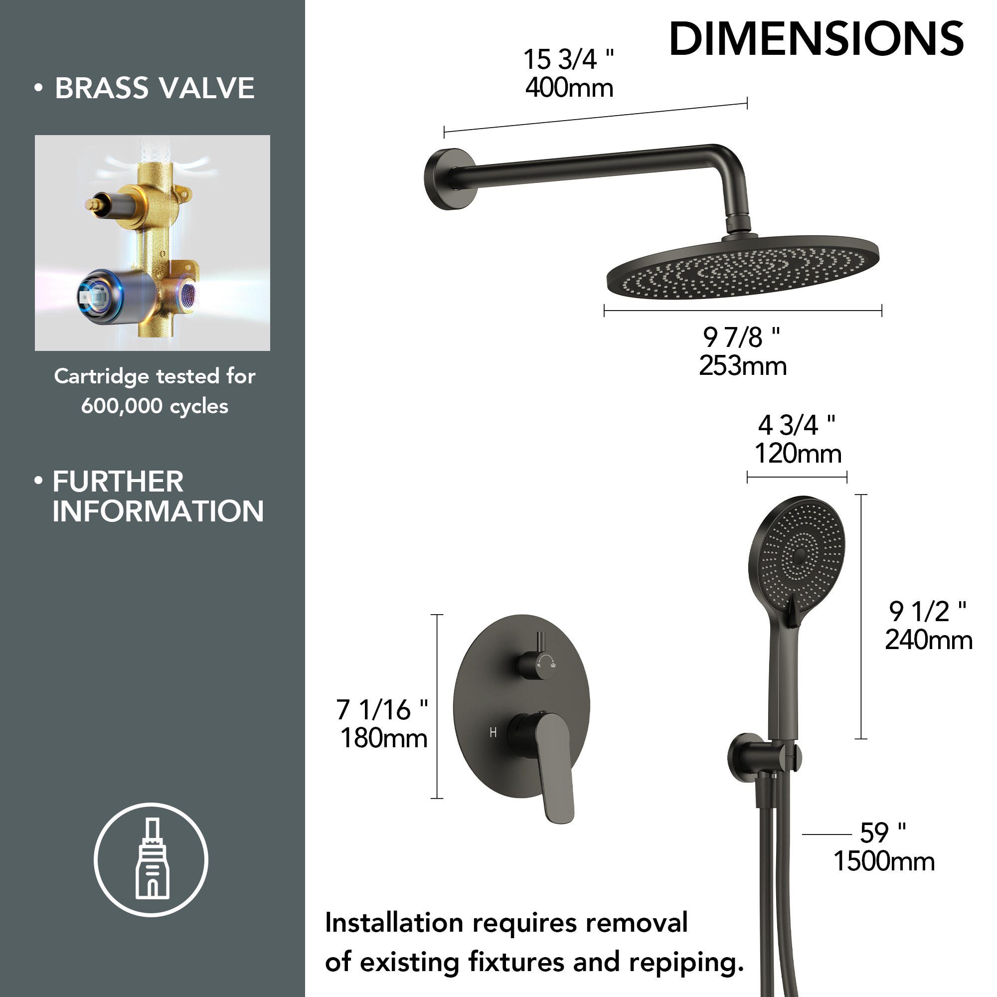 EVERSTEIN Concealed Rainfall Shower System with Handheld