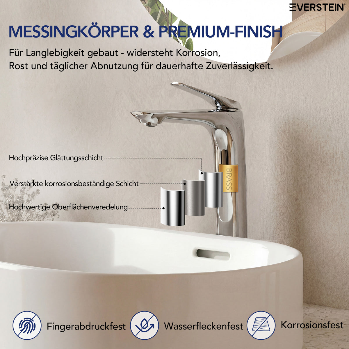 EVERSTEIN Waschtischarmatur Hoch, Wasserhahn Bad, Aufsatzwaschbecken (SFS-1283)