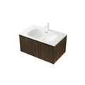 Wandmontierter Badezimmer-Waschtischunterschrank mit integriertem Harzwaschbecken, Braun-Eiche- und Weiß-Finish, Schubladenstauraum und modernem Badezimmer