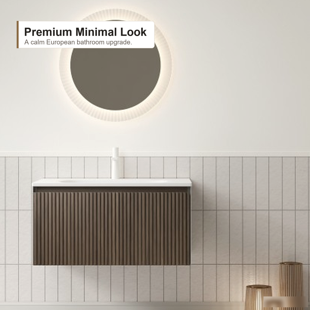 Wandmontierter Badezimmer-Waschtischunterschrank mit integriertem Harzwaschbecken, Braun-Eiche- und Weiß-Finish, Schubladenstauraum und modernem Badezimmer