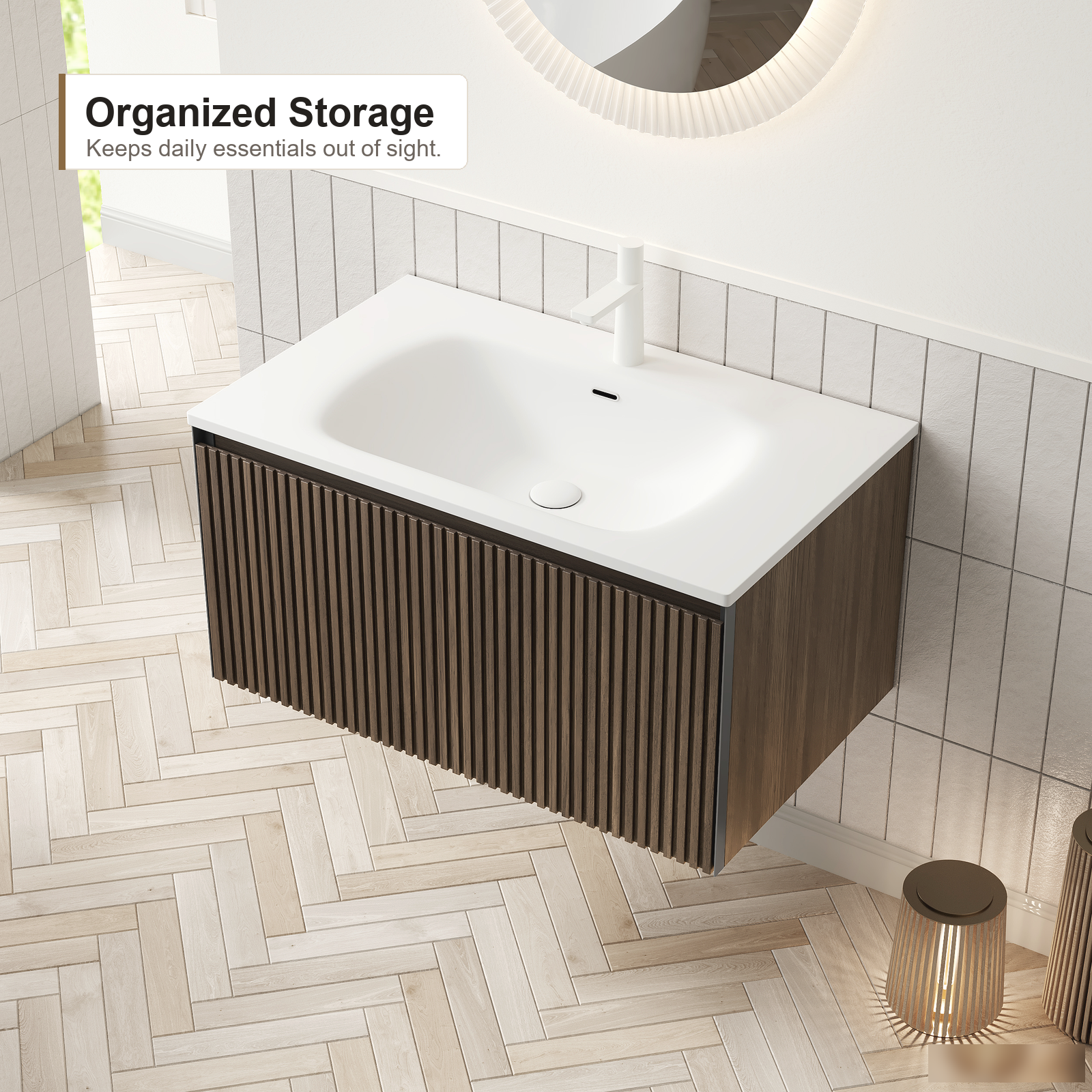 Wandmontierter Badezimmer-Waschtischunterschrank mit integriertem Harzwaschbecken, Braun-Eiche- und Weiß-Finish, Schubladenstauraum und modernem Badezimmer