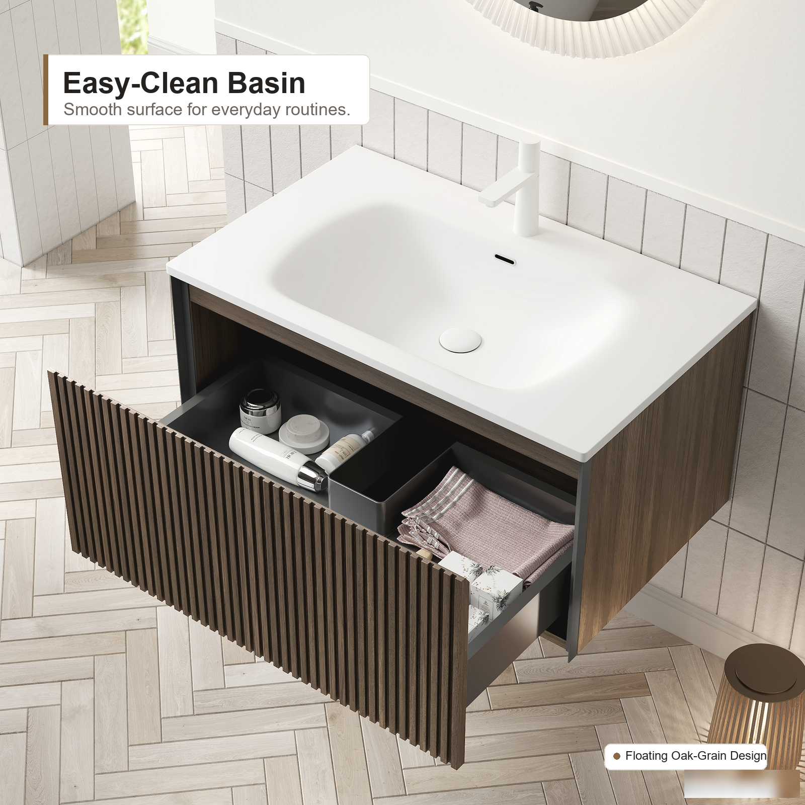 Wandmontierter Badezimmer-Waschtischunterschrank mit integriertem Harzwaschbecken, Braun-Eiche- und Weiß-Finish, Schubladenstauraum und modernem Badezimmer