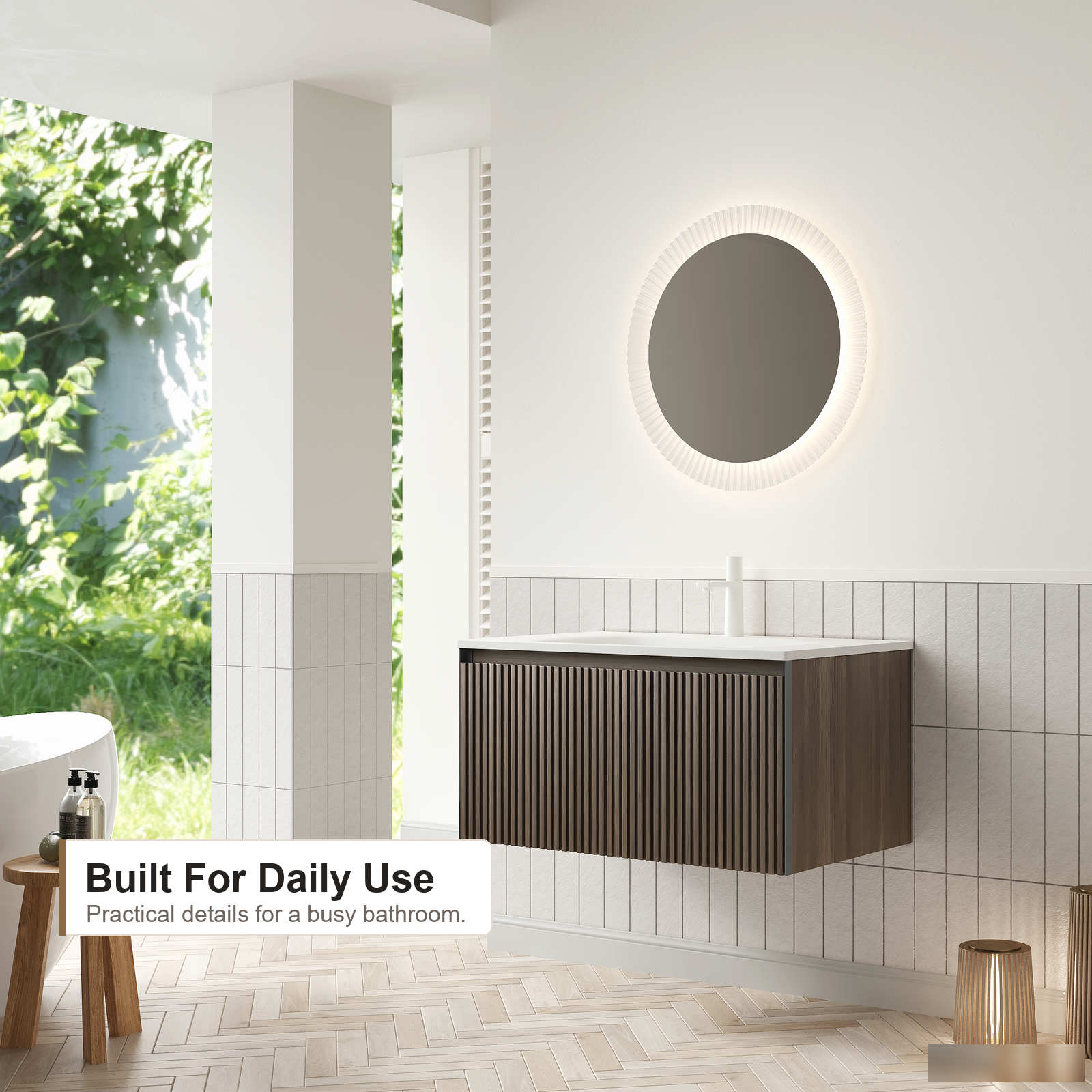 Wandmontierter Badezimmer-Waschtischunterschrank mit integriertem Harzwaschbecken, Braun-Eiche- und Weiß-Finish, Schubladenstauraum und modernem Badezimmer