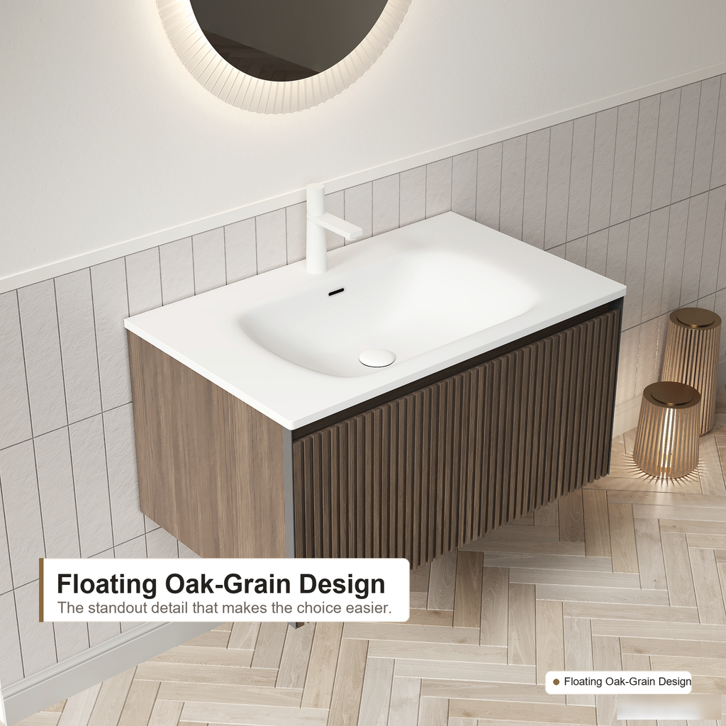 Wandmontierter Badezimmer-Waschtischunterschrank mit integriertem Harzwaschbecken, Braun-Eiche- und Weiß-Finish, Schubladenstauraum und modernem Badezimmer