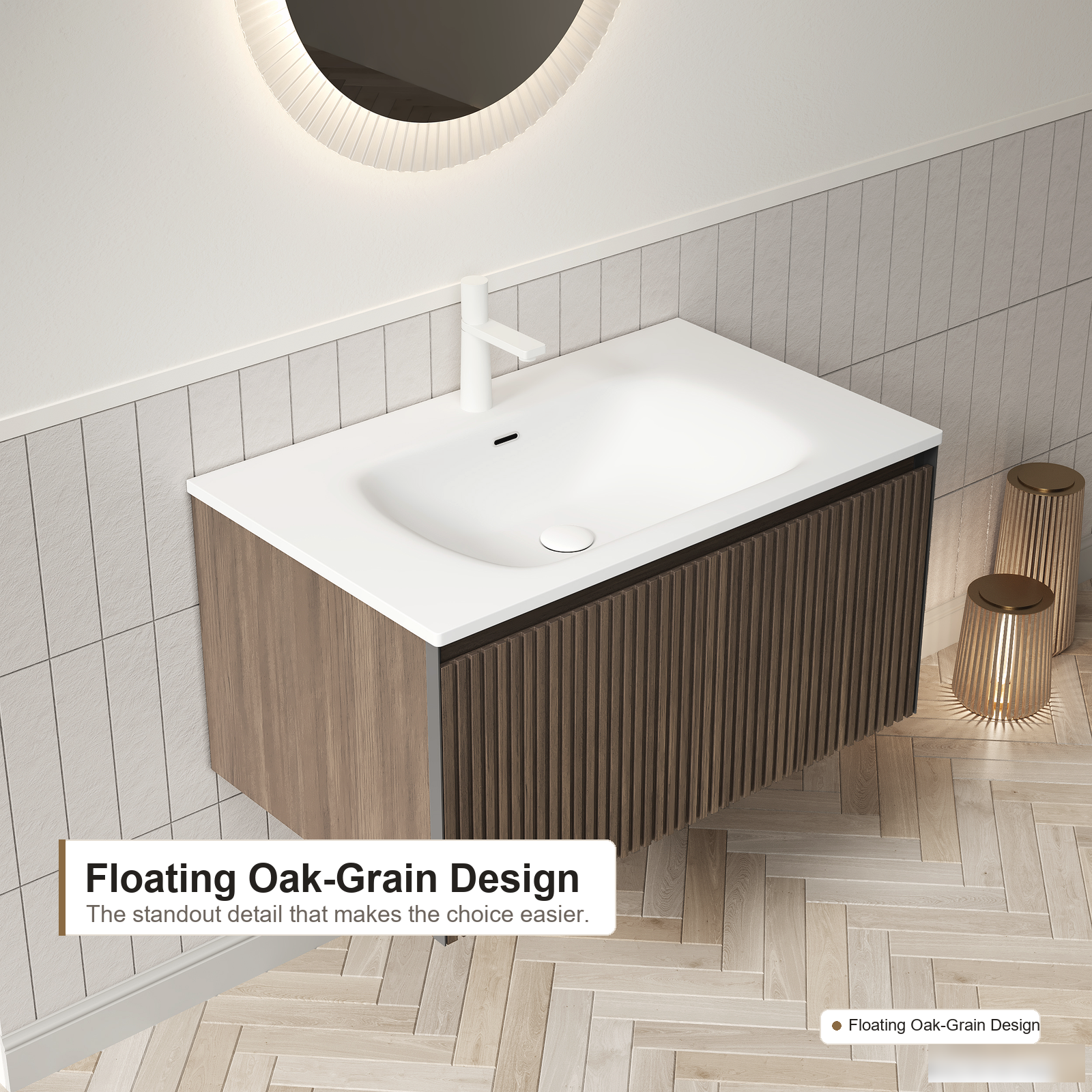 Wandmontierter Badezimmer-Waschtischunterschrank mit integriertem Harzwaschbecken, Braun-Eiche- und Weiß-Finish, Schubladenstauraum und modernem Badezimmer