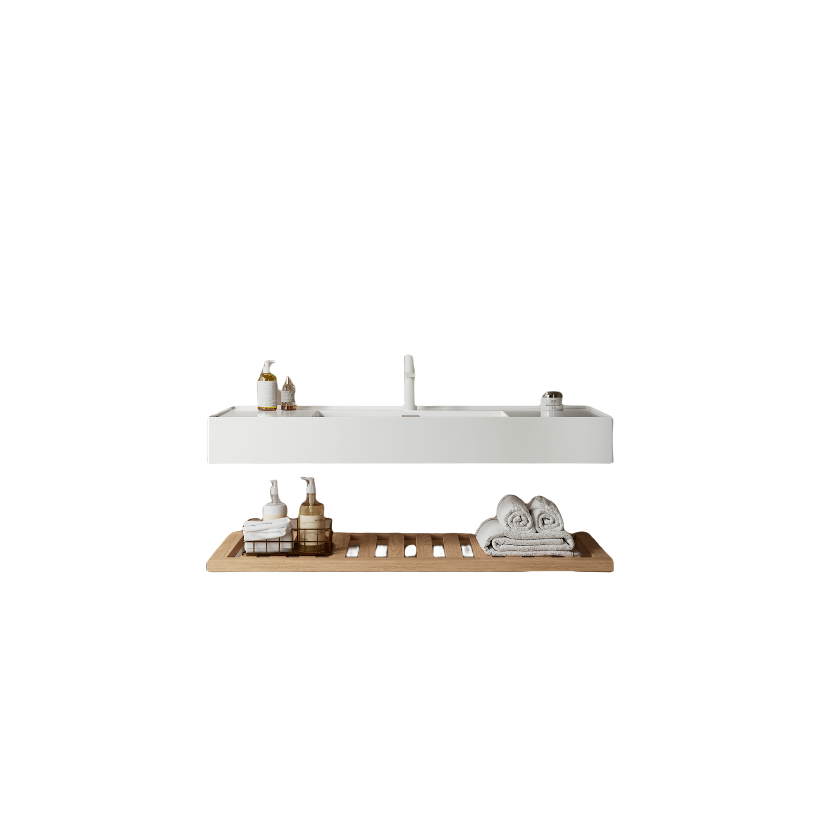 Ein wandmontierter Badschrank mit integriertem Harzwaschbecken, Naturholz- und Weiß-Finish, offenem Regal und modernem Badezimmer