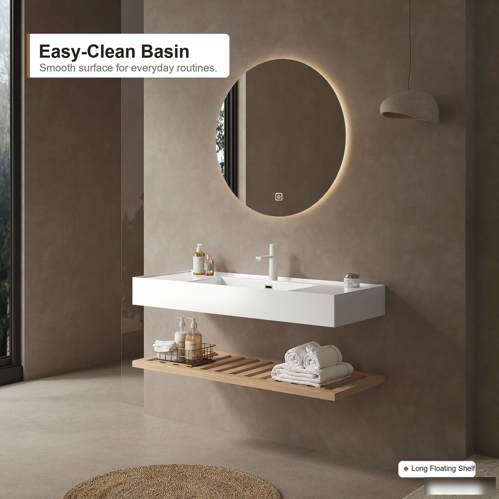 Ein wandmontierter Badschrank mit integriertem Harzwaschbecken, Naturholz- und Weiß-Finish, offenem Regal und modernem Badezimmer