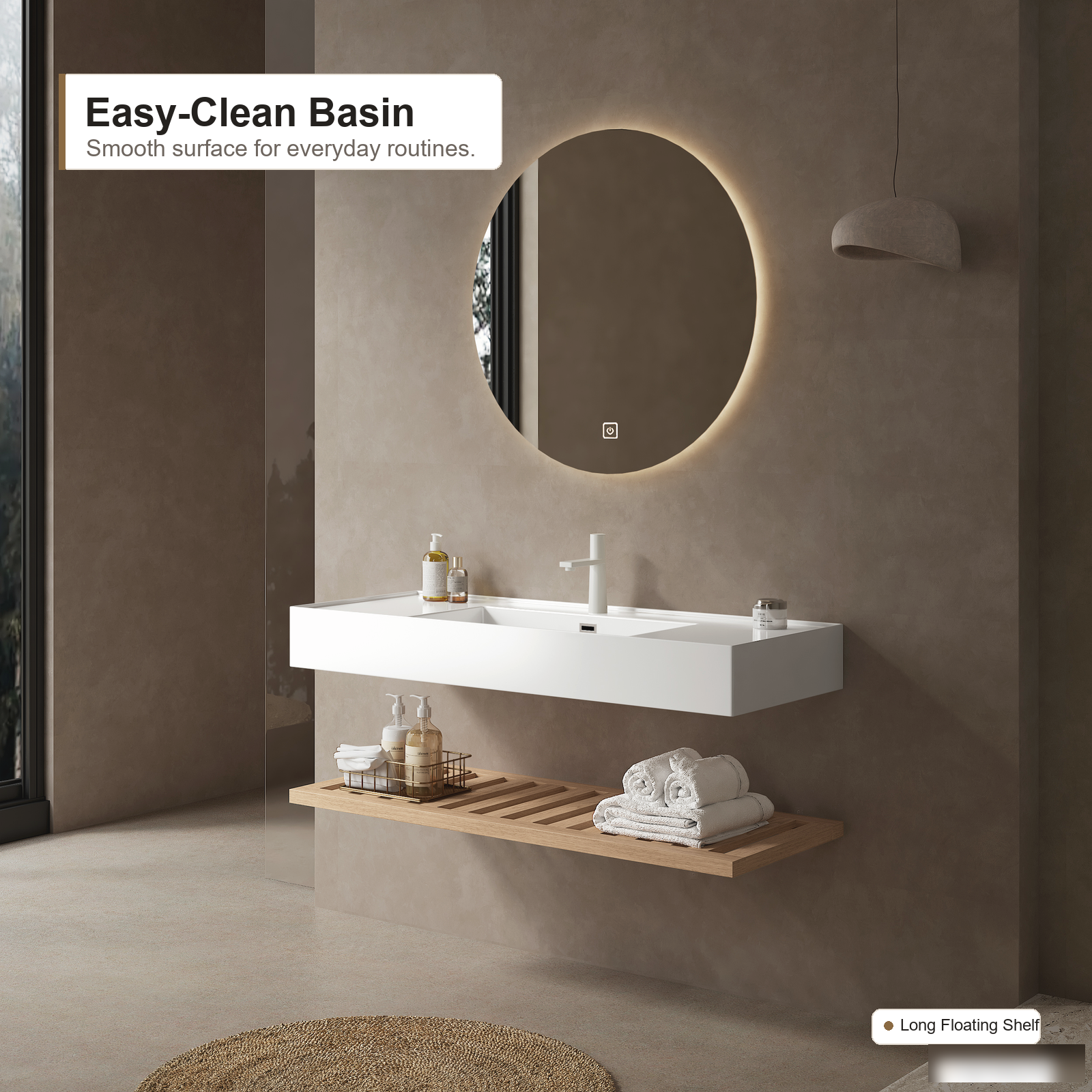 Ein wandmontierter Badschrank mit integriertem Harzwaschbecken, Naturholz- und Weiß-Finish, offenem Regal und modernem Badezimmer