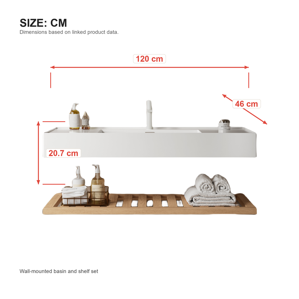 Ein wandmontierter Badschrank mit integriertem Harzwaschbecken, Naturholz- und Weiß-Finish, offenem Regal und modernem Badezimmer