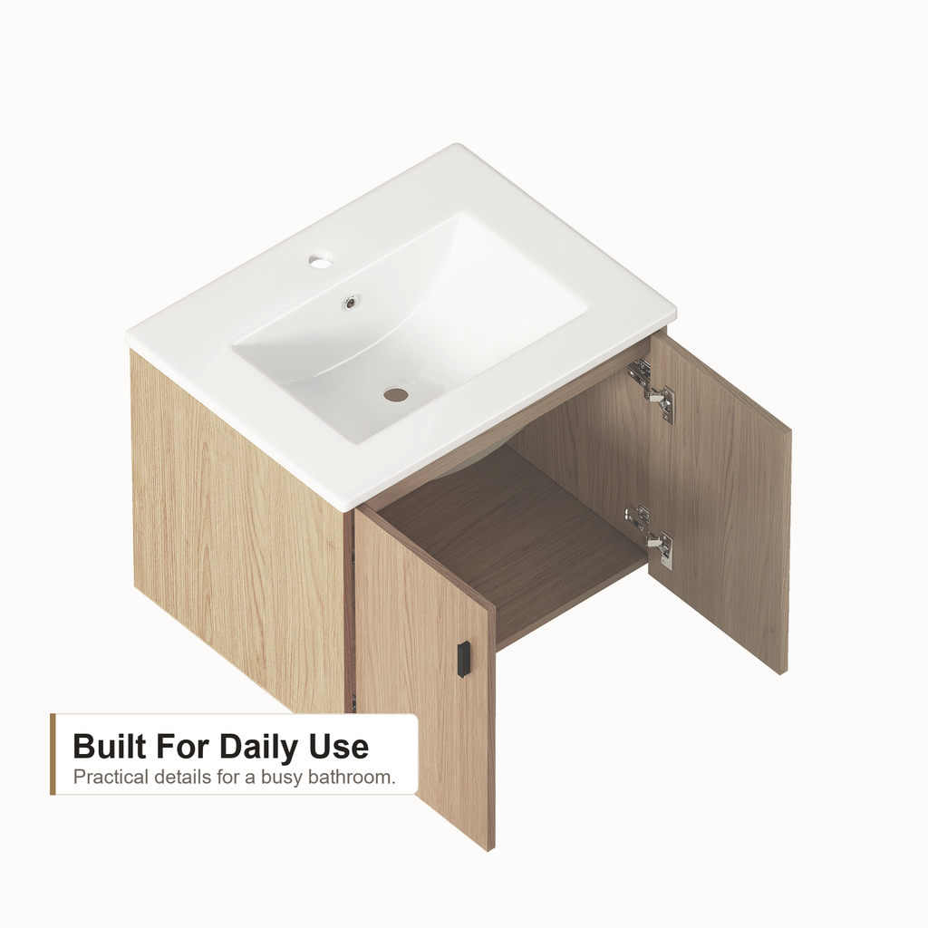 Moderner Badwaschtisch mit integriertem Keramikwaschbecken, helle Eichenoptik, zweitüriger Unterschrank und modernes Badregal