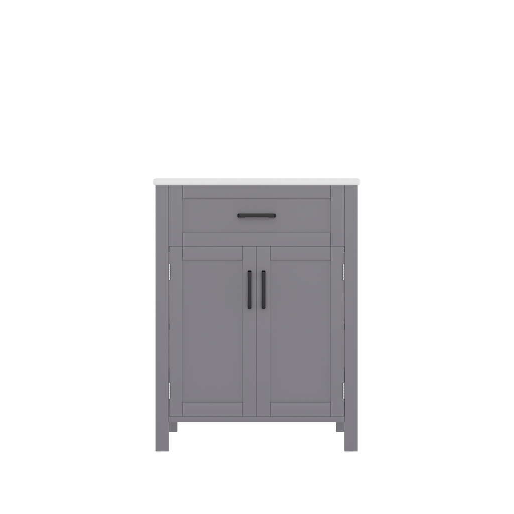 Freistehender Badunterschrank mit integriertem Keramikwaschbecken, graues Finish, Schubladen und modernes Badezimmer-Aufbewahrungsdesign