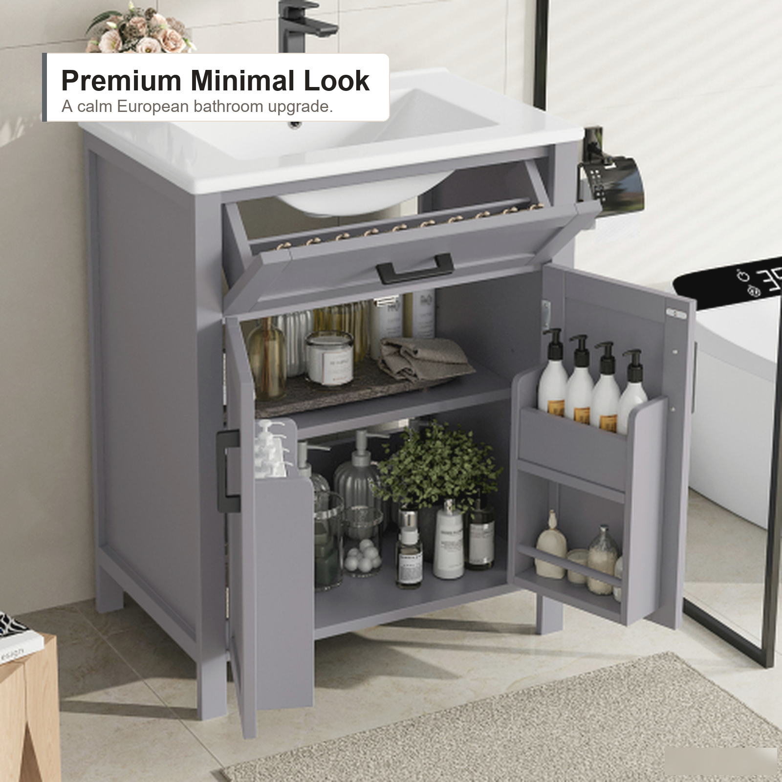 Freistehender Badunterschrank mit integriertem Keramikwaschbecken, graues Finish, Schubladen und modernes Badezimmer-Aufbewahrungsdesign