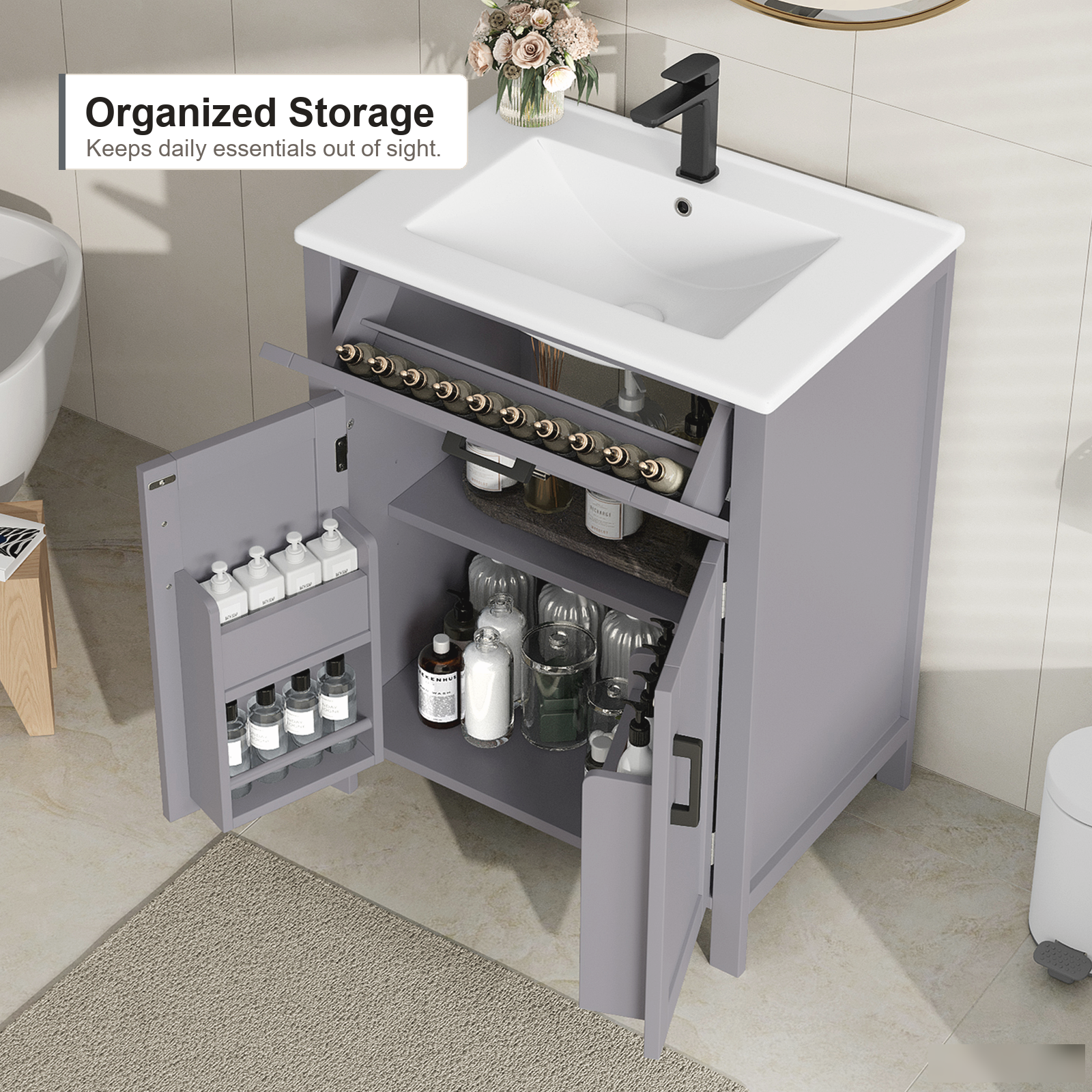 Freistehender Badunterschrank mit integriertem Keramikwaschbecken, graues Finish, Schubladen und modernes Badezimmer-Aufbewahrungsdesign