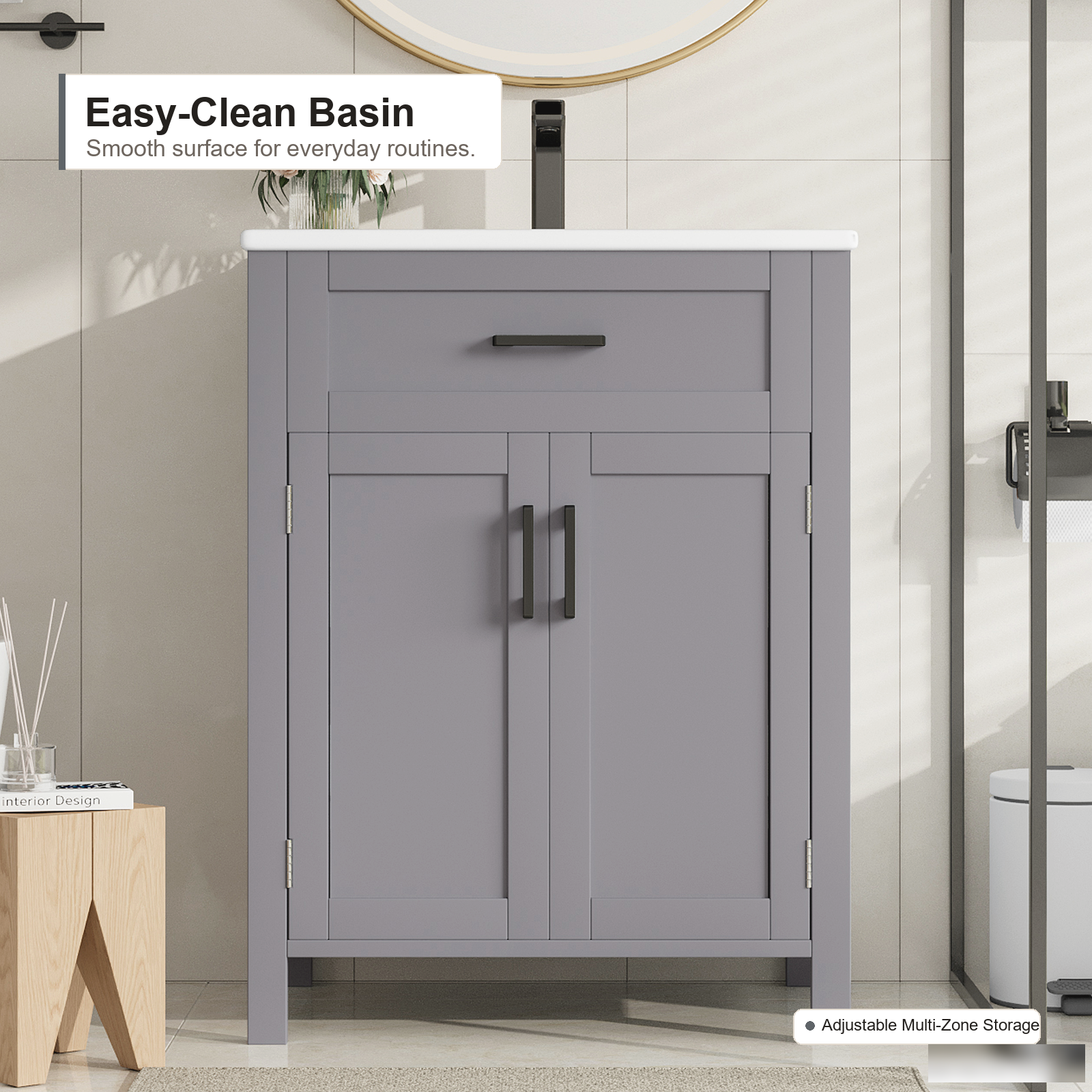 Freistehender Badunterschrank mit integriertem Keramikwaschbecken, graues Finish, Schubladen und modernes Badezimmer-Aufbewahrungsdesign