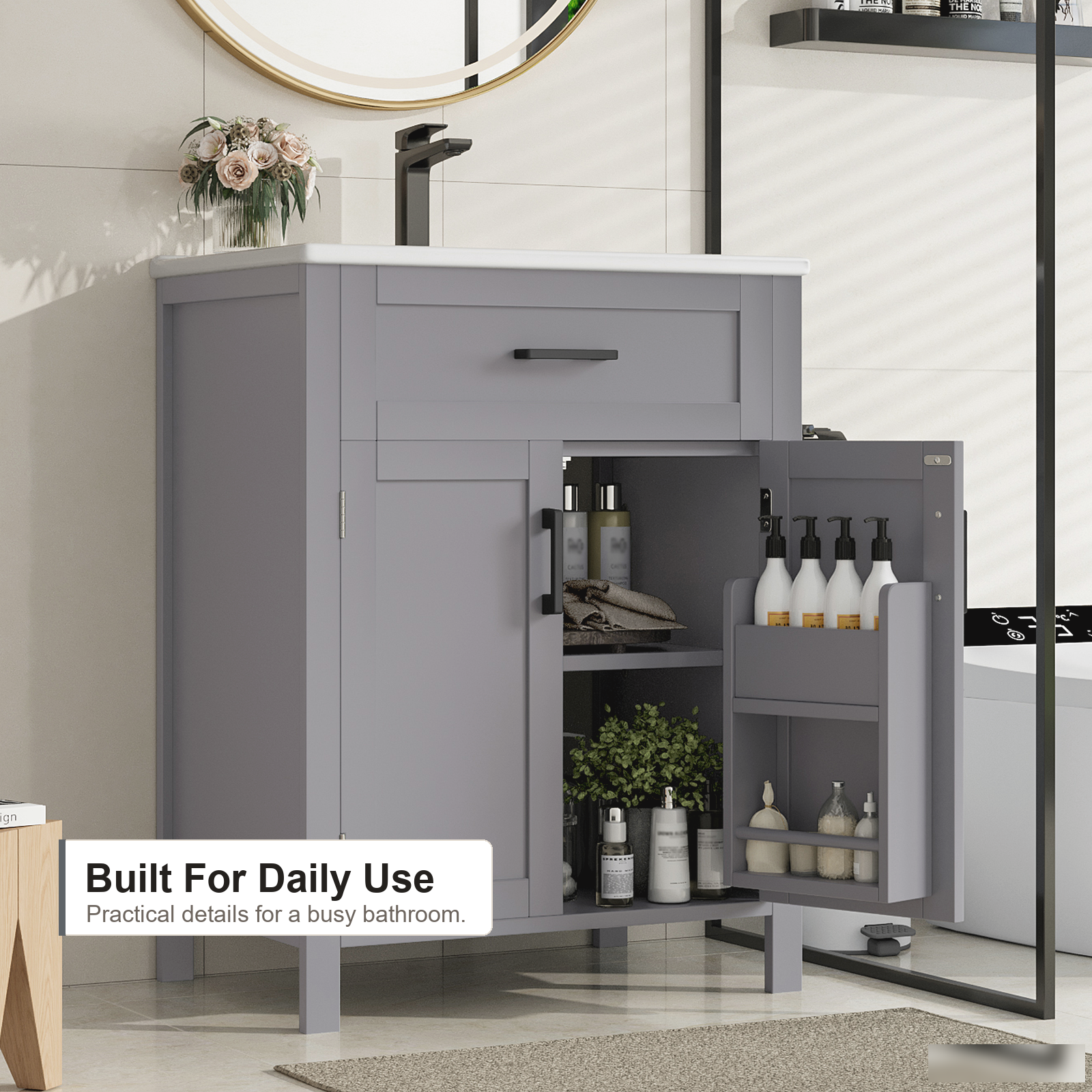 Freistehender Badunterschrank mit integriertem Keramikwaschbecken, graues Finish, Schubladen und modernes Badezimmer-Aufbewahrungsdesign