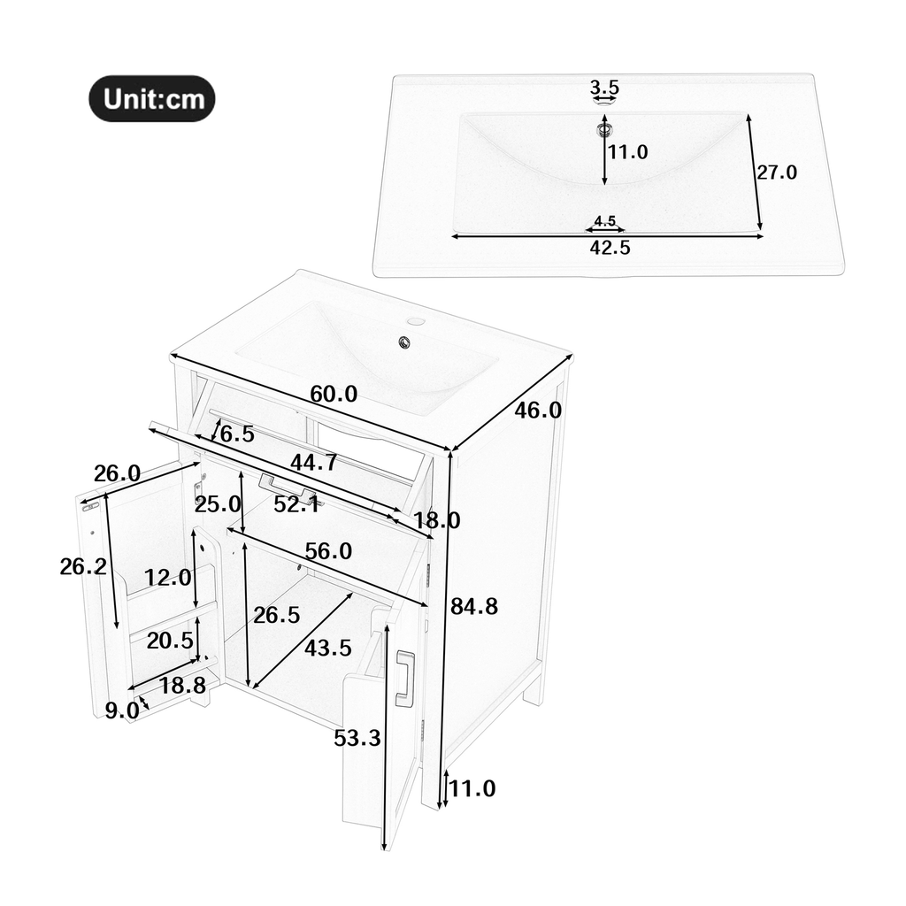 Freistehender Badunterschrank mit integriertem Keramikwaschbecken, graues Finish, Schubladen und modernes Badezimmer-Aufbewahrungsdesign