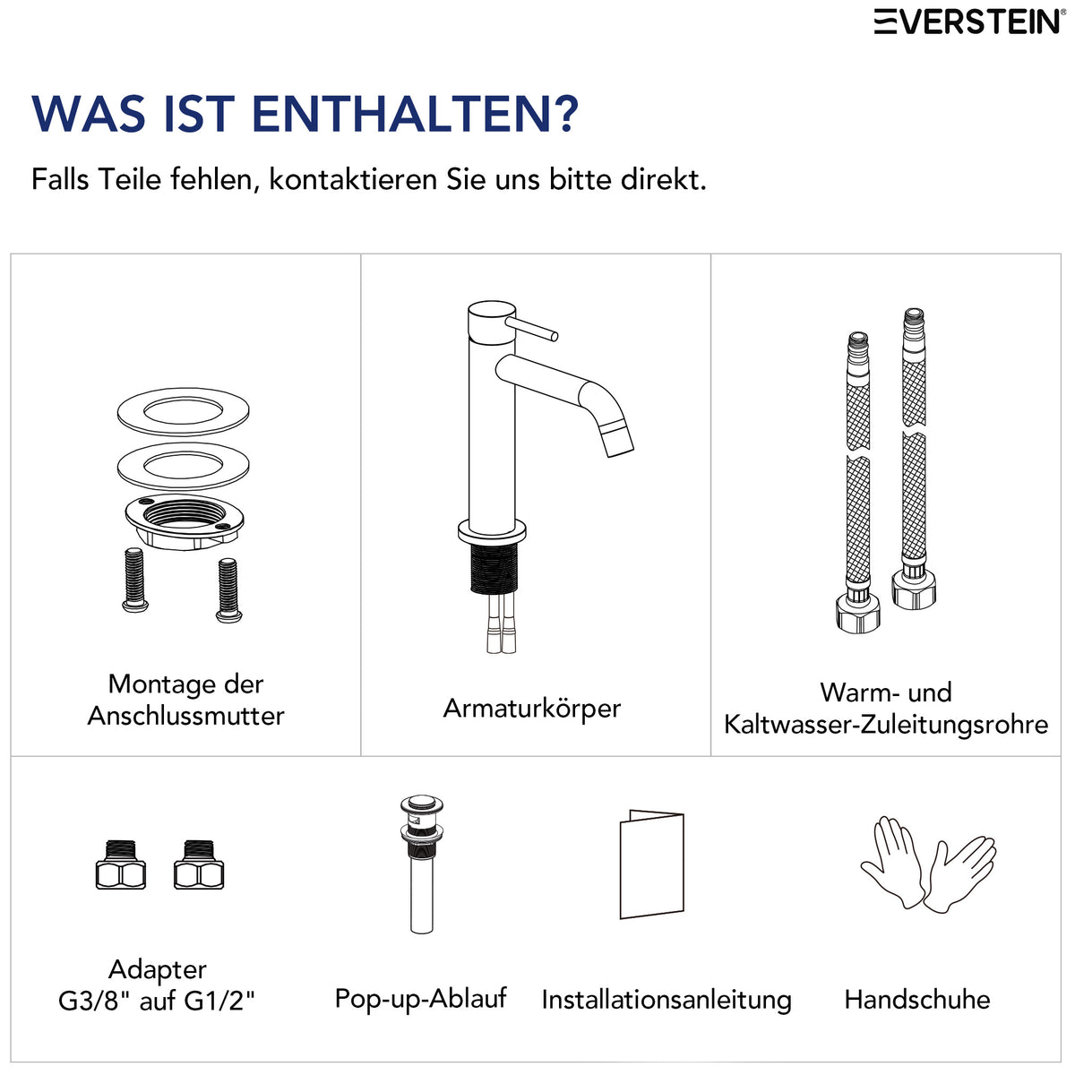 EVERSTEIN Wasserhahn Bad Waschtischarmatur: Pop-up, Messing, Ablauf (SFS-5001)