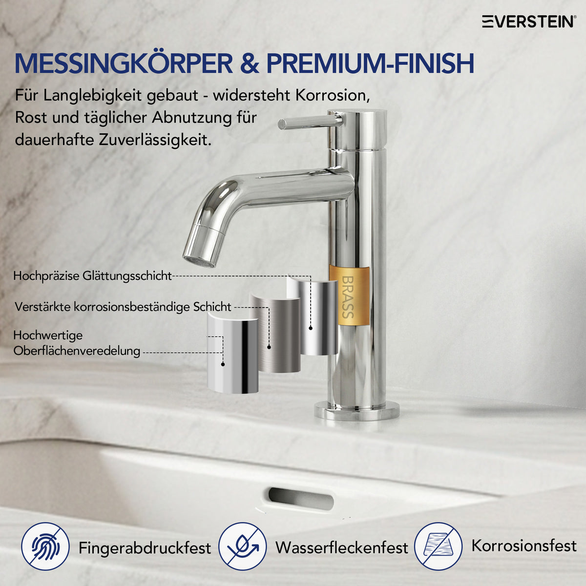 EVERSTEIN Wasserhahn Bad Waschtischarmatur: Pop-up, Messing, Ablauf (SFS-5001)