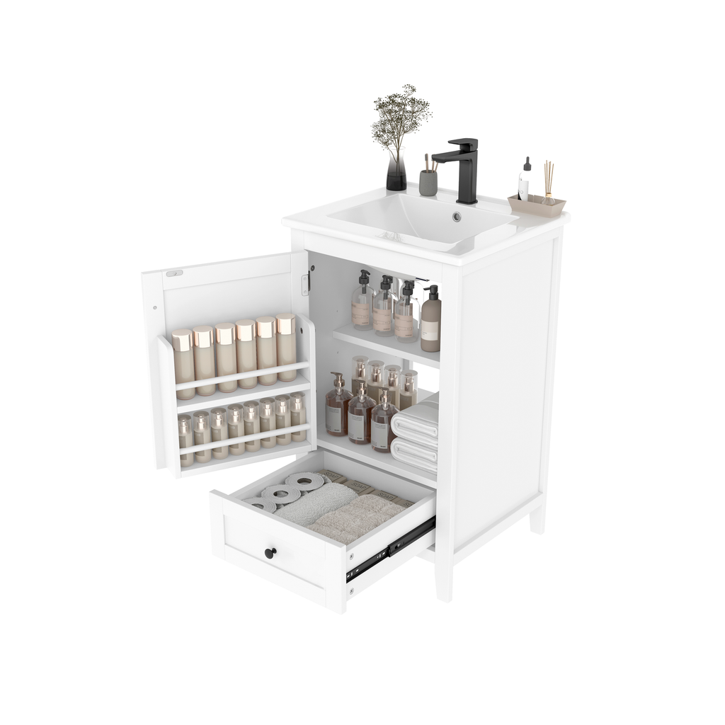 Freistehender Badschrank mit integriertem Keramikwaschbecken, weißer Oberfläche, Schubladenstauraum und moderner Badezimmeraufbewahrungseinheit