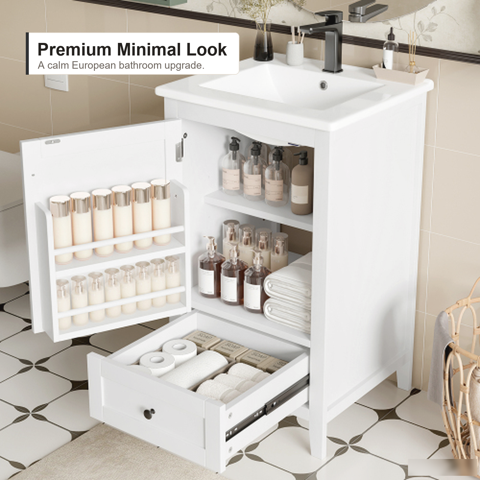 Freistehender Badschrank mit integriertem Keramikwaschbecken, weißer Oberfläche, Schubladenstauraum und moderner Badezimmeraufbewahrungseinheit