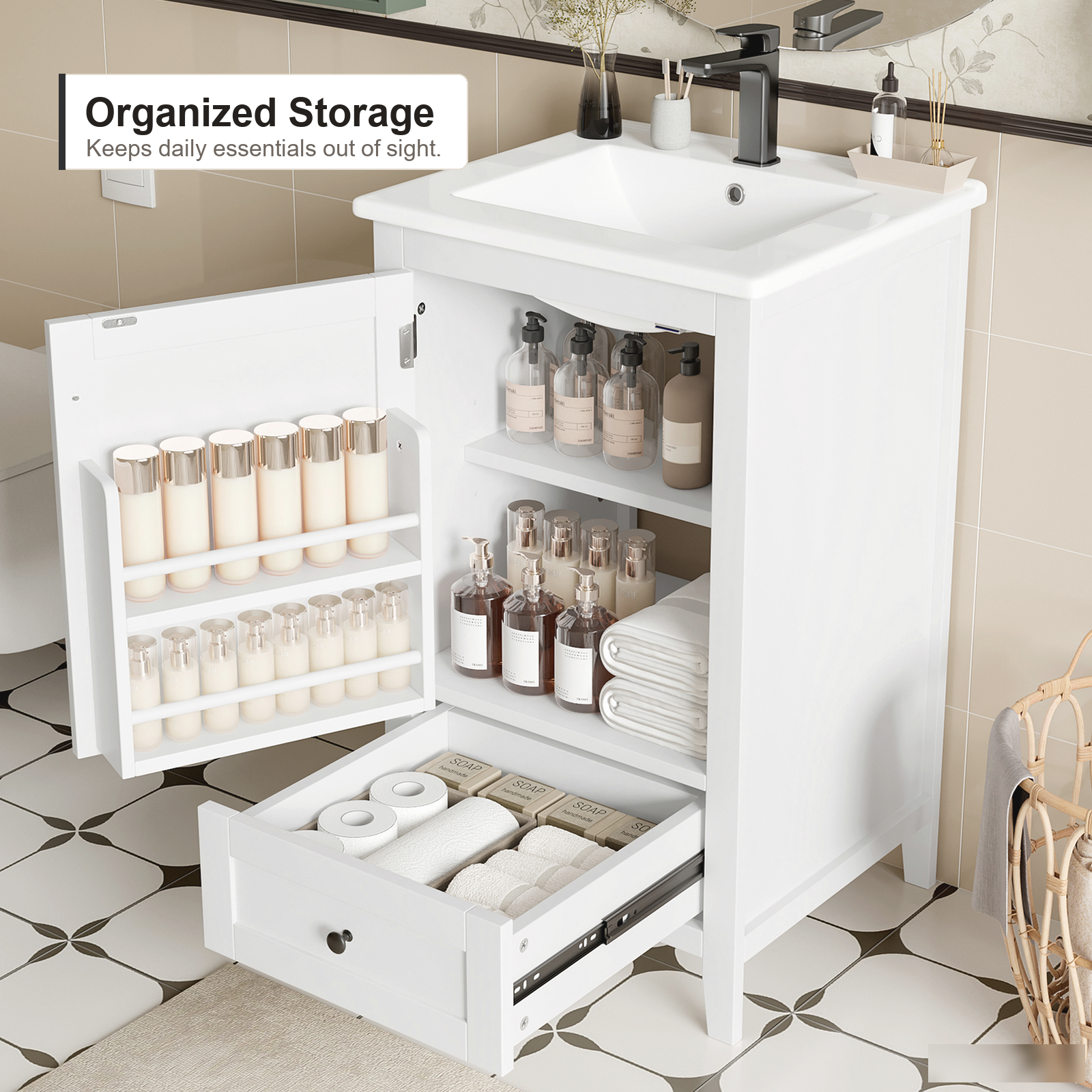 Freistehender Badschrank mit integriertem Keramikwaschbecken, weißer Oberfläche, Schubladenstauraum und moderner Badezimmeraufbewahrungseinheit