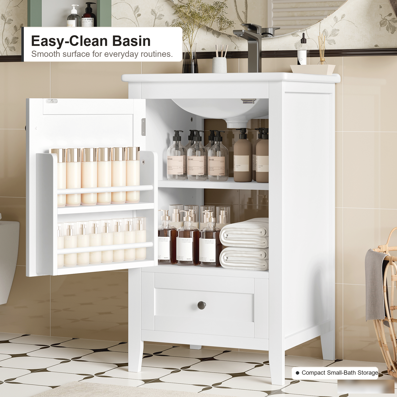 Freistehender Badschrank mit integriertem Keramikwaschbecken, weißer Oberfläche, Schubladenstauraum und moderner Badezimmeraufbewahrungseinheit