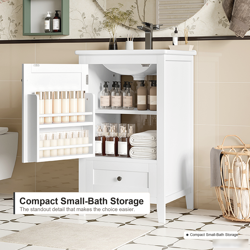Freistehender Badschrank mit integriertem Keramikwaschbecken, weißer Oberfläche, Schubladenstauraum und moderner Badezimmeraufbewahrungseinheit