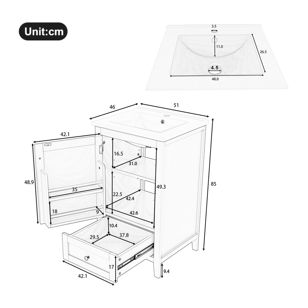 Freistehender Badschrank mit integriertem Keramikwaschbecken, weißer Oberfläche, Schubladenstauraum und moderner Badezimmeraufbewahrungseinheit