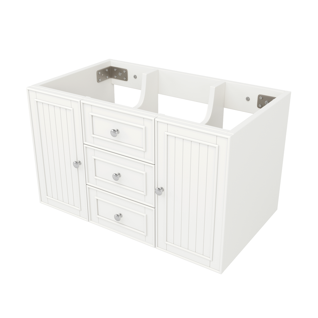 Wandmontierter Badezimmer-Waschtischunterschrank mit integriertem Keramikwaschbecken, weiß lackiert, drei Schubladen und modernem Bad-Aufbewahrungsdesign