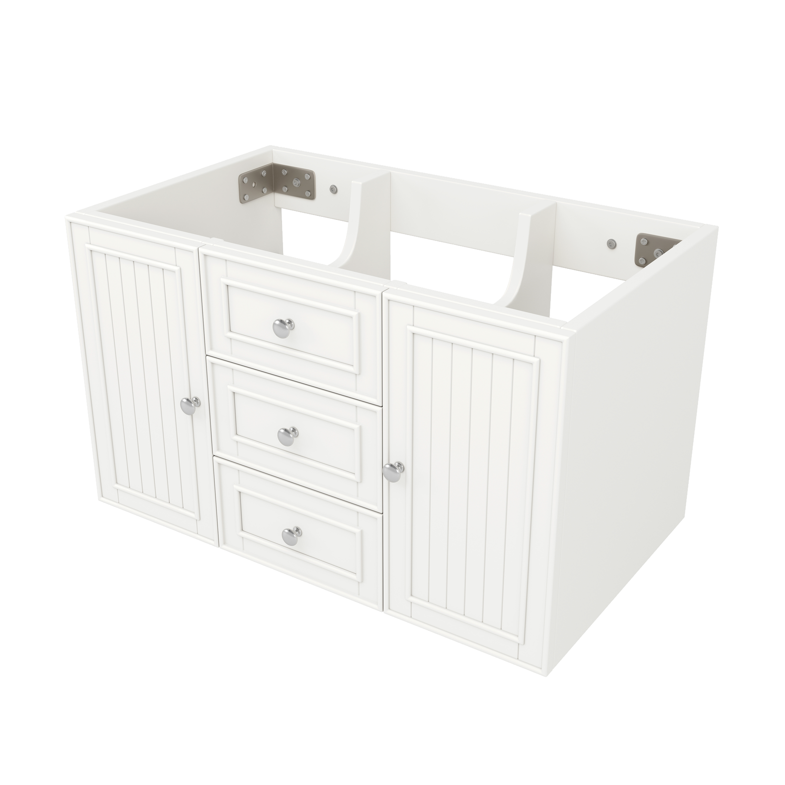 Wandmontierter Badezimmer-Waschtischunterschrank mit integriertem Keramikwaschbecken, weiß lackiert, drei Schubladen und modernem Bad-Aufbewahrungsdesign