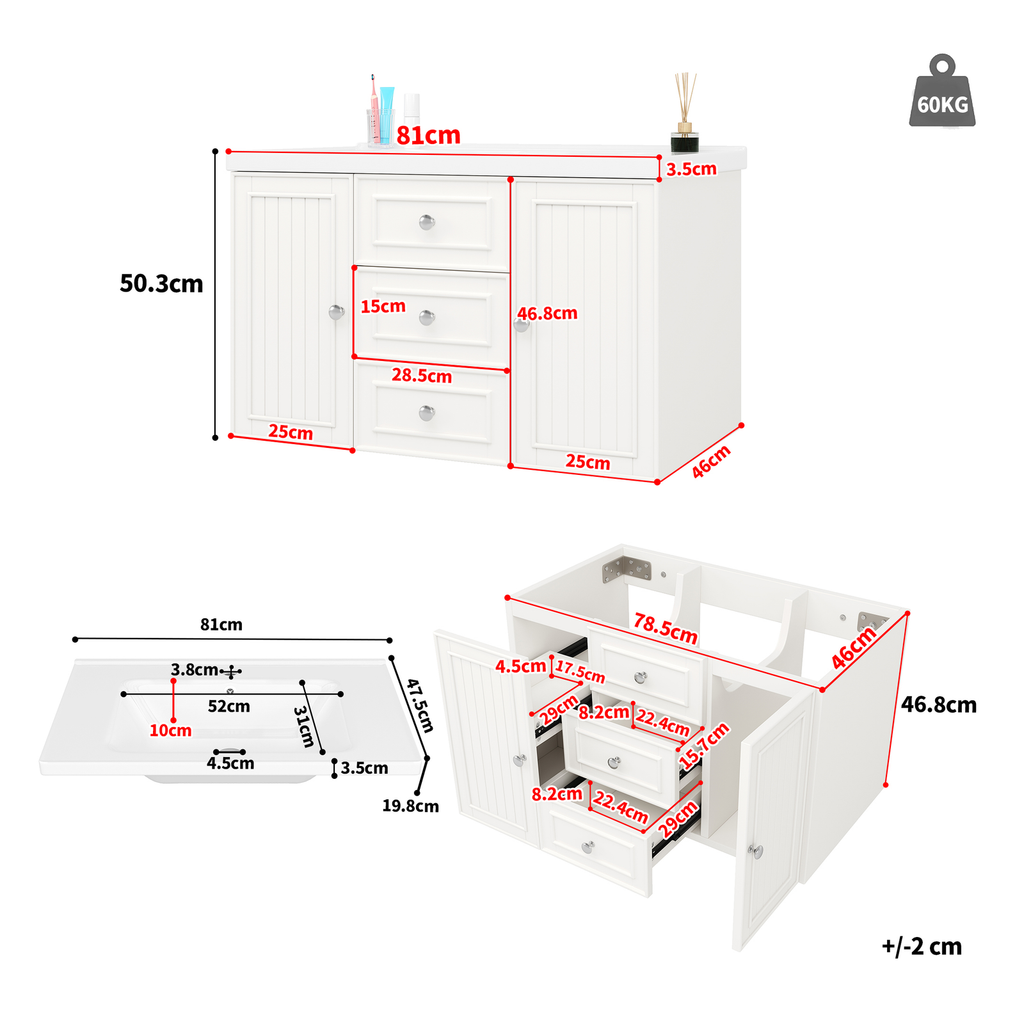 Wandmontierter Badezimmer-Waschtischunterschrank mit integriertem Keramikwaschbecken, weiß lackiert, drei Schubladen und modernem Bad-Aufbewahrungsdesign