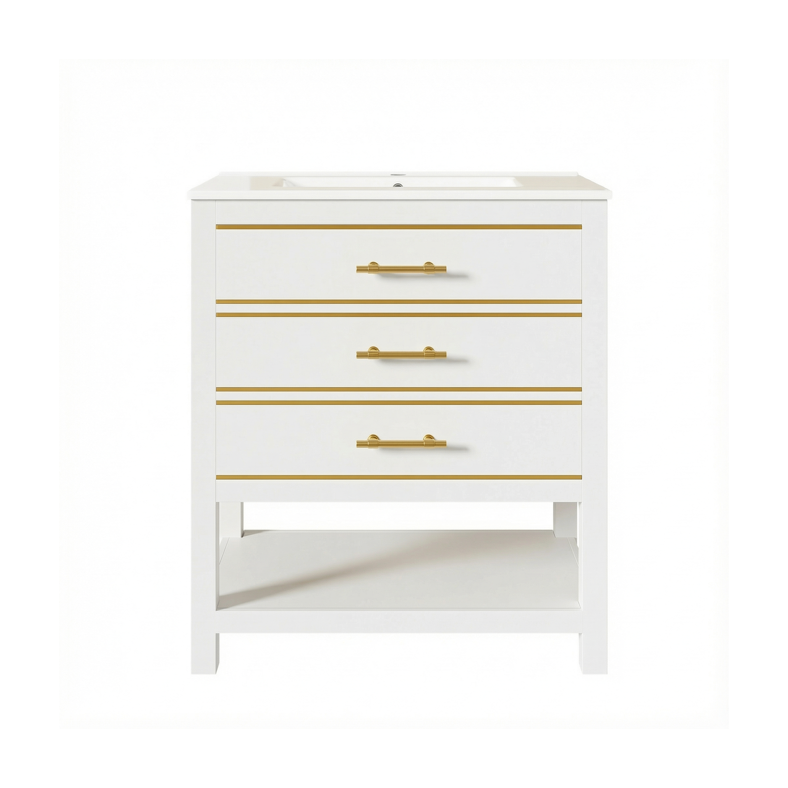Wandhängender Bad-Waschtischunterschrank mit integriertem Keramikwaschbecken, Weiß-Gold-Finish, zwei Schubladen und modernem Badstauraum