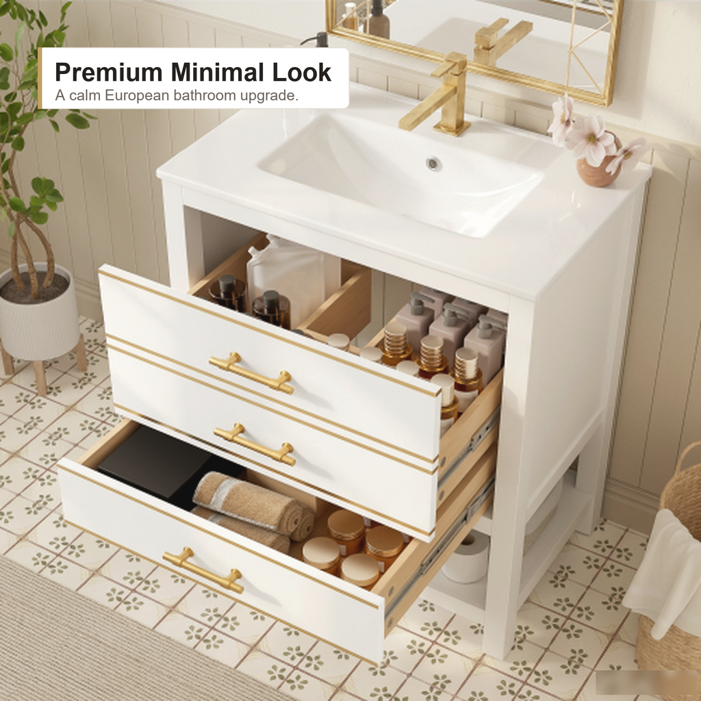 Wandhängender Bad-Waschtischunterschrank mit integriertem Keramikwaschbecken, Weiß-Gold-Finish, zwei Schubladen und modernem Badstauraum