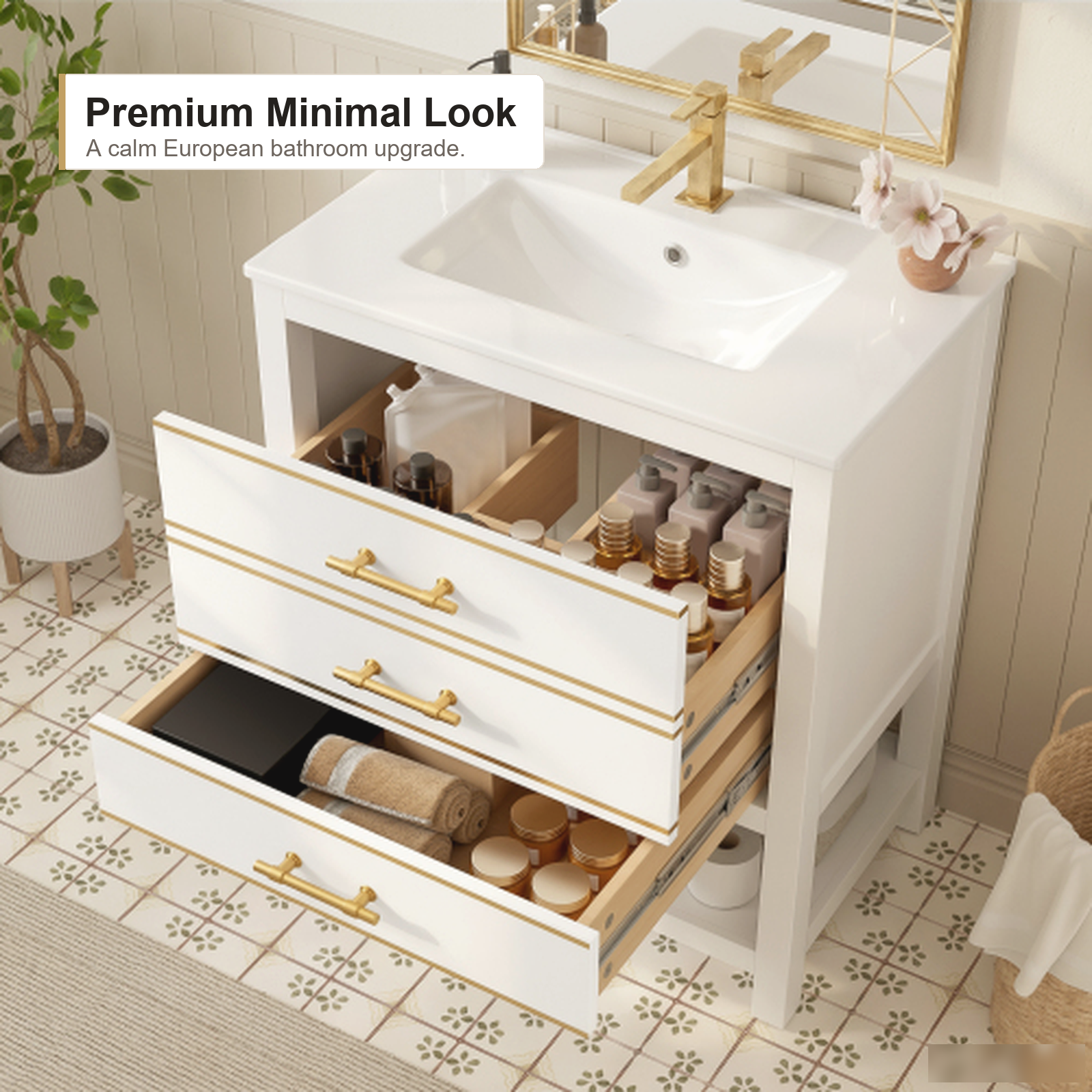 Wandhängender Bad-Waschtischunterschrank mit integriertem Keramikwaschbecken, Weiß-Gold-Finish, zwei Schubladen und modernem Badstauraum