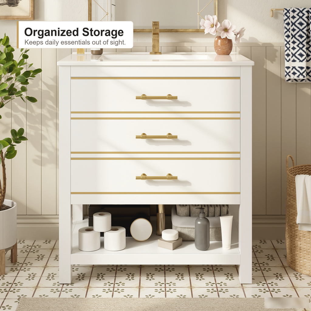 Wandhängender Bad-Waschtischunterschrank mit integriertem Keramikwaschbecken, Weiß-Gold-Finish, zwei Schubladen und modernem Badstauraum