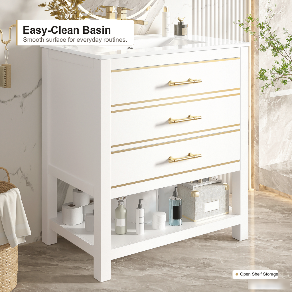Wandhängender Bad-Waschtischunterschrank mit integriertem Keramikwaschbecken, Weiß-Gold-Finish, zwei Schubladen und modernem Badstauraum