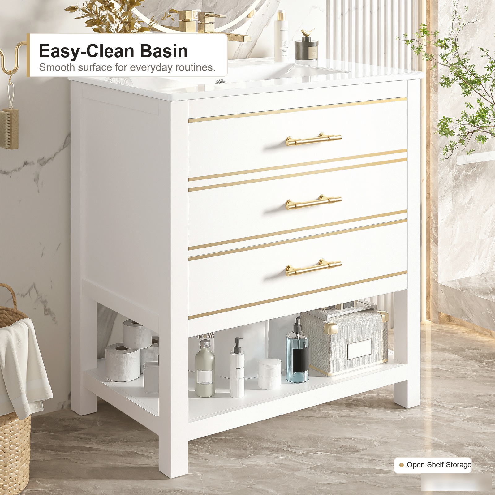 Wandhängender Bad-Waschtischunterschrank mit integriertem Keramikwaschbecken, Weiß-Gold-Finish, zwei Schubladen und modernem Badstauraum