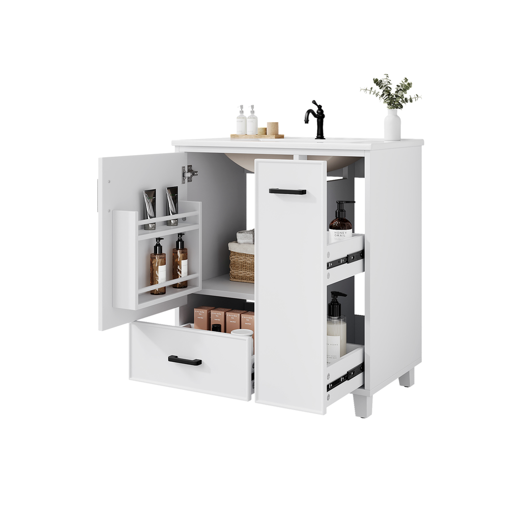 Freistehender Badezimmer-Waschtischunterschrank mit integriertem Keramikwaschbecken, weiße Oberfläche, zwei Schubladen und modernes Badezimmer-Stauraum-Upgrade