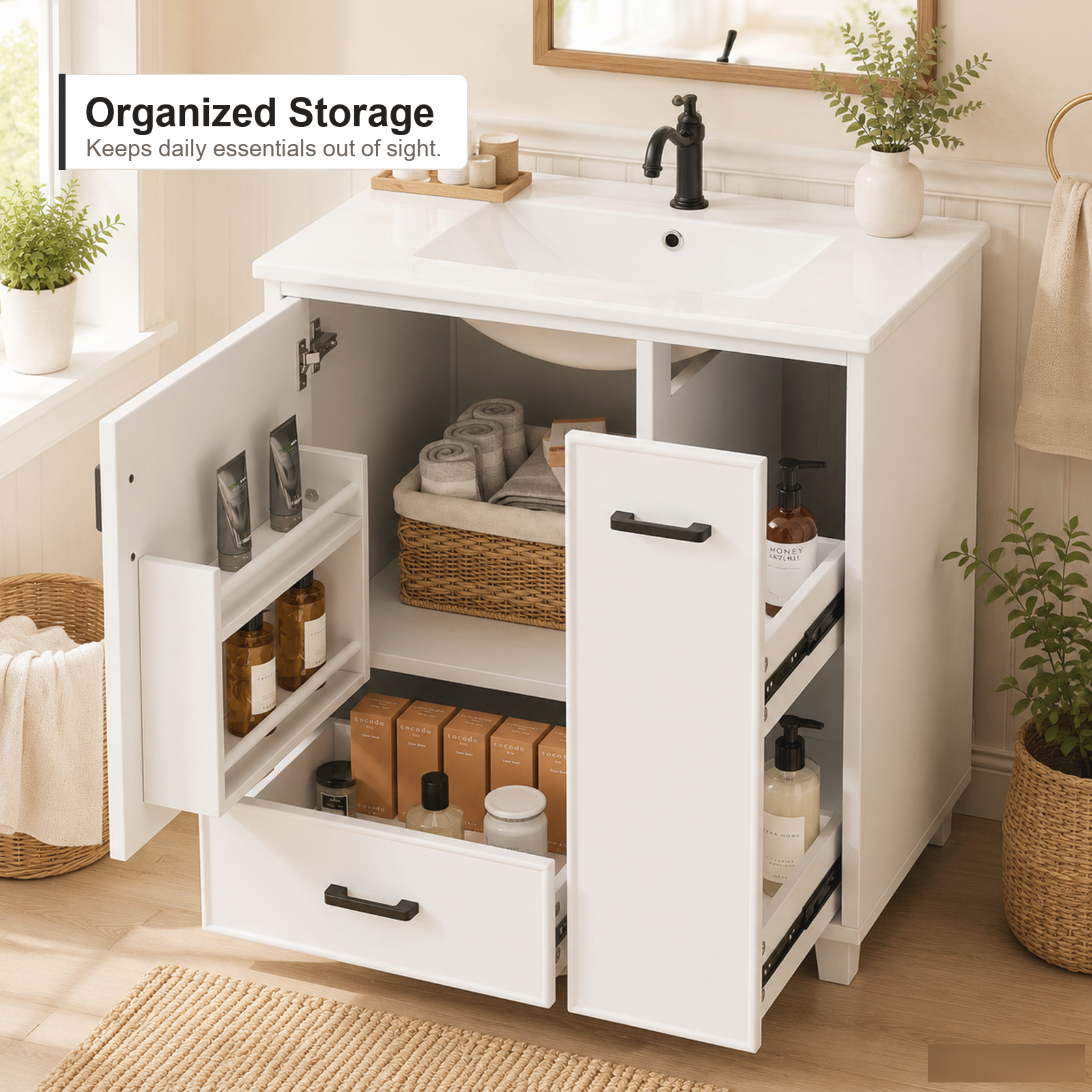 Freistehender Badezimmer-Waschtischunterschrank mit integriertem Keramikwaschbecken, weiße Oberfläche, zwei Schubladen und modernes Badezimmer-Stauraum-Upgrade