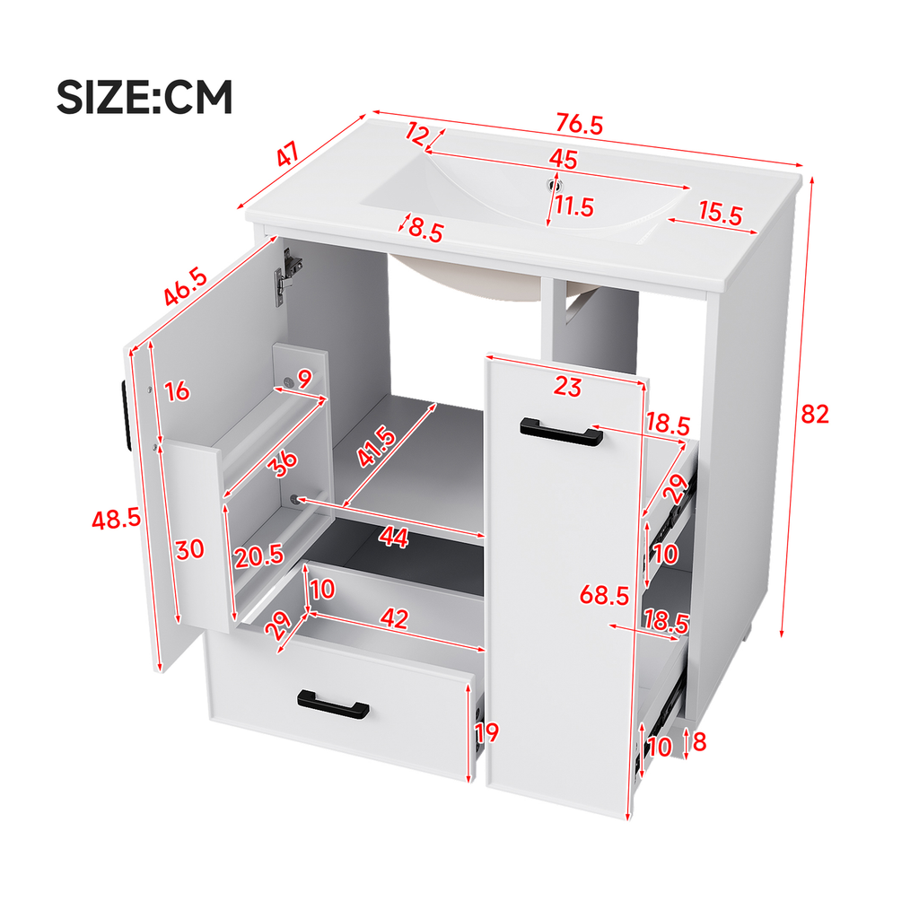 Freistehender Badezimmer-Waschtischunterschrank mit integriertem Keramikwaschbecken, weiße Oberfläche, zwei Schubladen und modernes Badezimmer-Stauraum-Upgrade