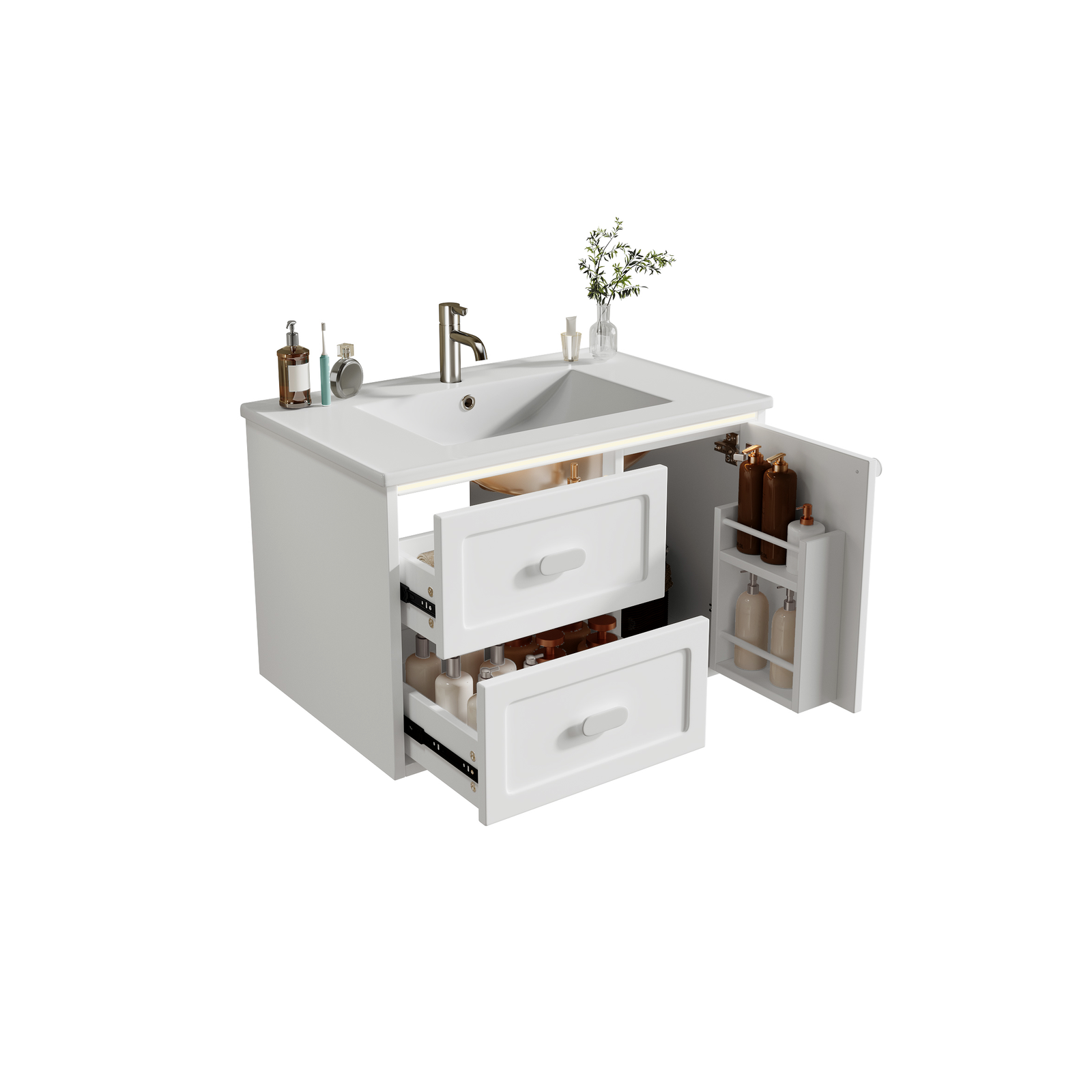 Wandmontierter Badschrank mit integriertem Keramikwaschbecken, weißer Oberfläche, zwei Schubladen und modernem Bad-Stauraum-Upgrade